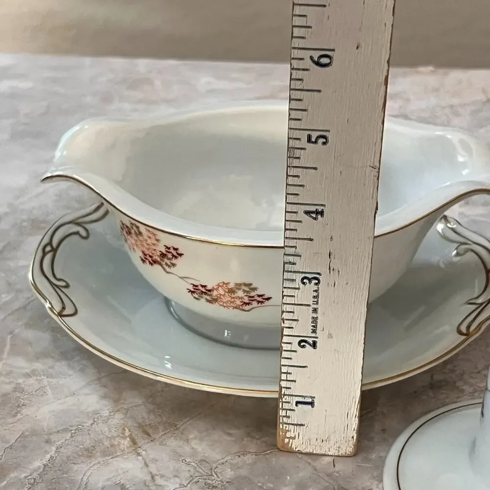 Fukagawa Arita Porcelain Gravy Boat Cream & Candle Holder Maple Leaves Handpaint